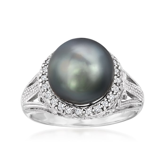 11-12mm Black Cultured Tahitian Pearl Ring with .20 ct. t.w. White Topaz in Sterling Silver