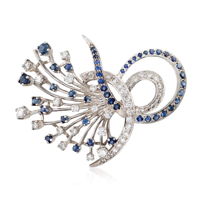 C. 1980 Vintage 1.20 ct. t.w. Sapphire and 1.75 ct. t.w. Diamond Floral Spray Pin in 14kt White Gold
