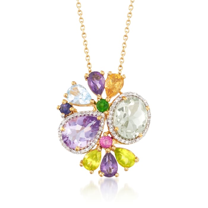 6.85 ct. t.w. Multi-Stone Pendant Necklace with .19 ct. t.w. Diamonds in 18kt Yellow Gold Over Sterling Silver