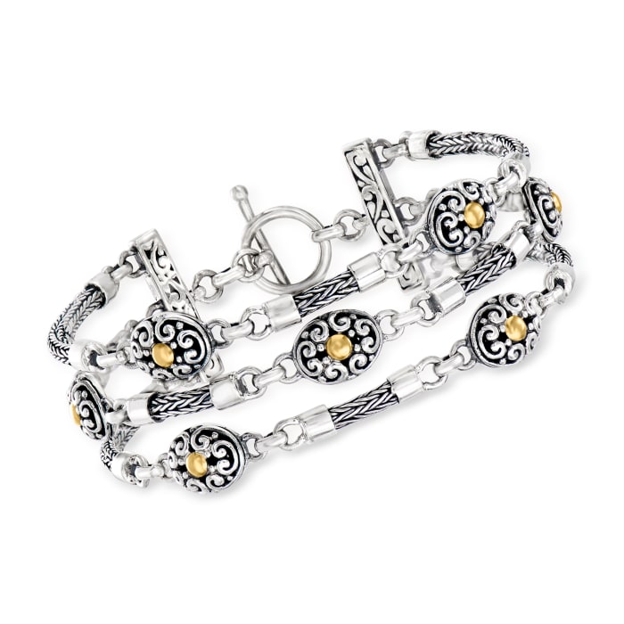 Sterling Silver Bali-Style Three-Row Bracelet with 18kt Yellow Gold