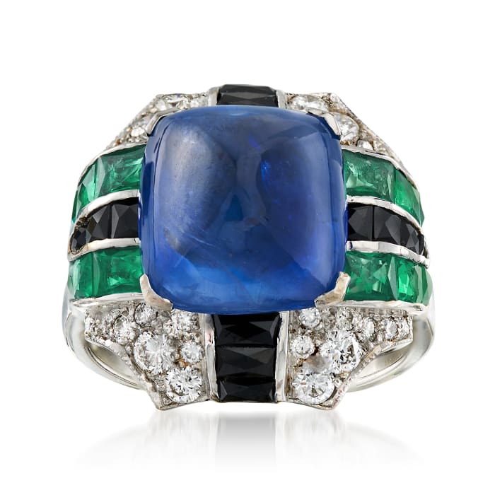 C. 1990 Vintage 8.65 Carat Sapphire and 2.75 ct. t.w. Multi-Stone Ring With Black Onyx in 18kt White Gold