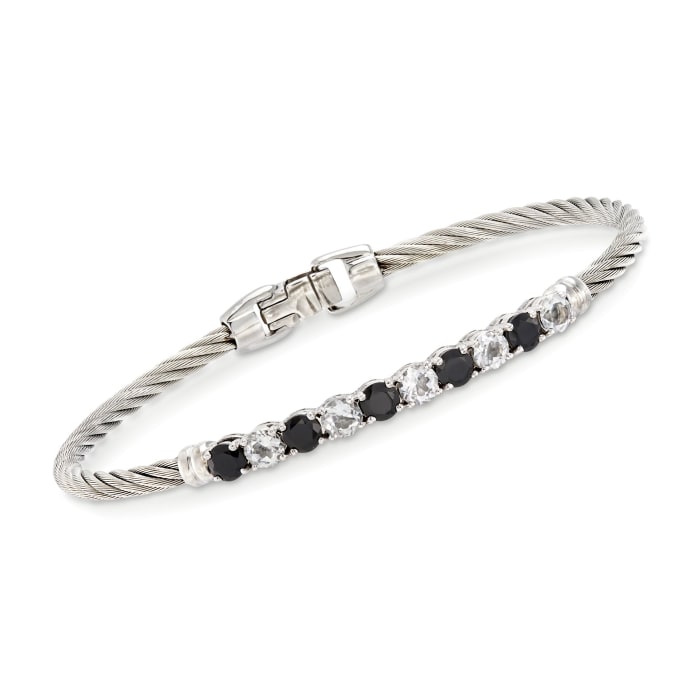 ALOR &quot;Burano&quot; Black Onyx and 1.31 ct. t.w. White Topaz Gray Cable Bracelet With 14kt White Gold 