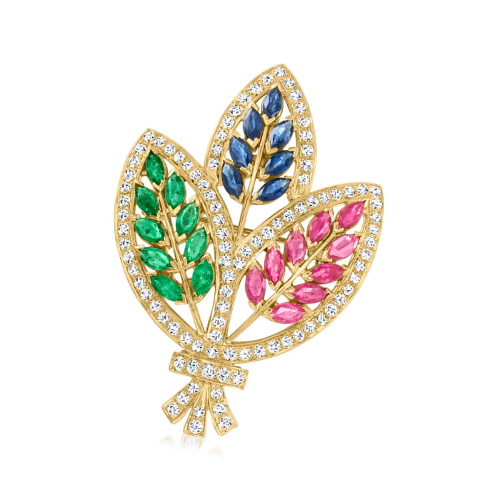 C. 1980 Vintage 5.80 ct. t.w. Multi-Gemstone and 4.80 ct. t.w. Diamond Leaves Pin/Pendant in 18kt Yellow Gold