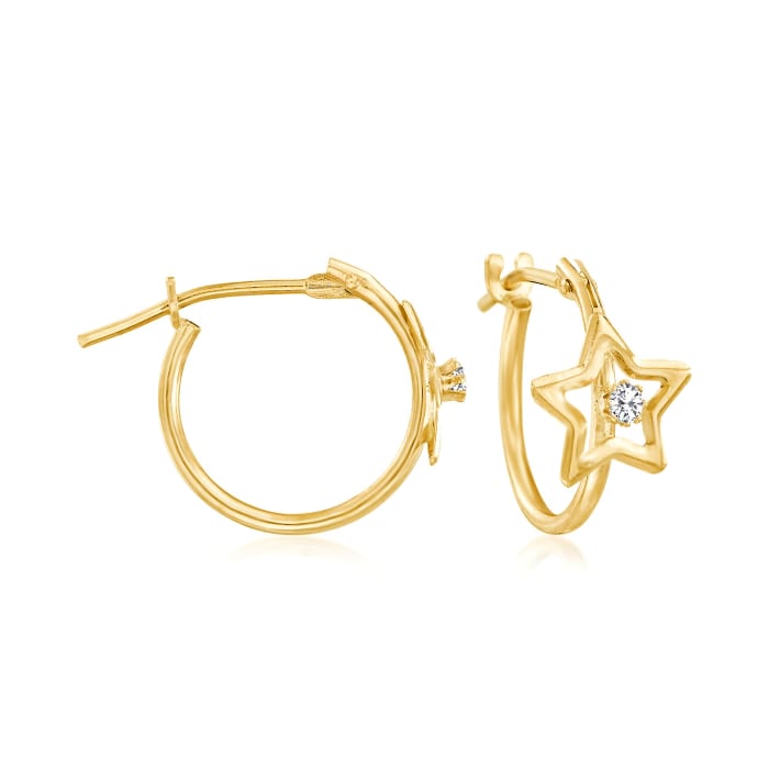 Child's 14kt Yellow Gold Open-Space Star Hoop Earrings with CZ Accents
