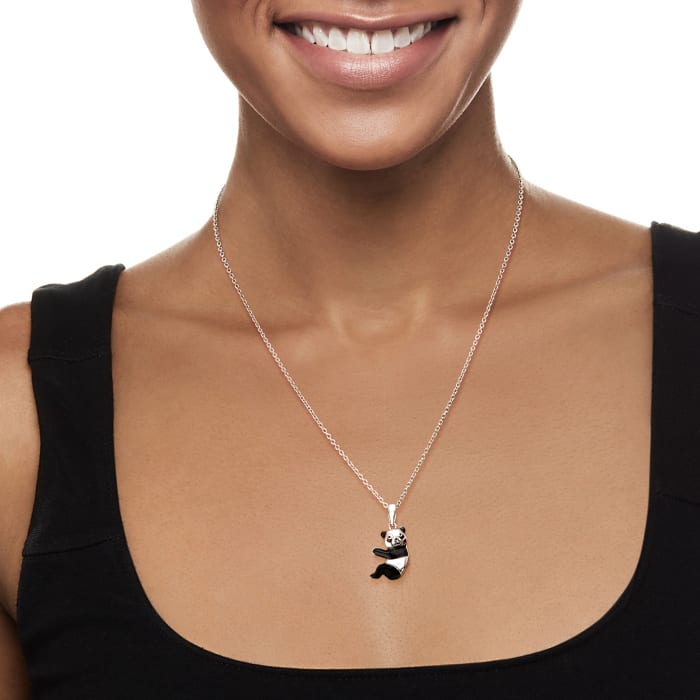 Black Enamel Panda Pendant Necklace with Black Spinel Accents in Sterling Silver 18-inch