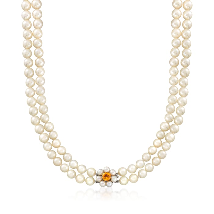 C. 1960 Vintage 6.3x7.8mm Cultured Pearl Double-Strand Necklace with .70 Carat Citrine Flower Clasp in 14kt White Gold