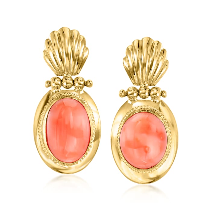 C. 1980 Vintage Pink Coral Drop Earrings in 18kt Yellow Gold