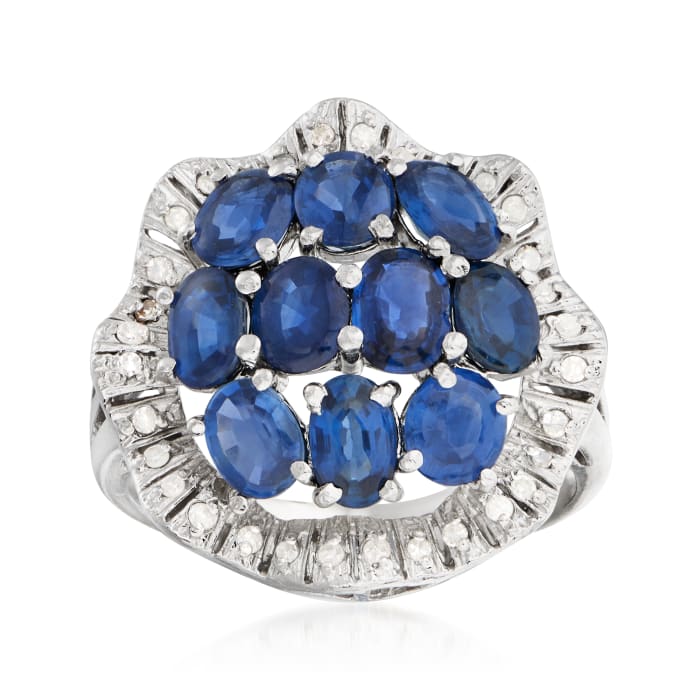C. 1970 Vintage 3.50 ct. t.w. Sapphire and .20 ct. t.w. Diamond Cluster Ring in Platinum