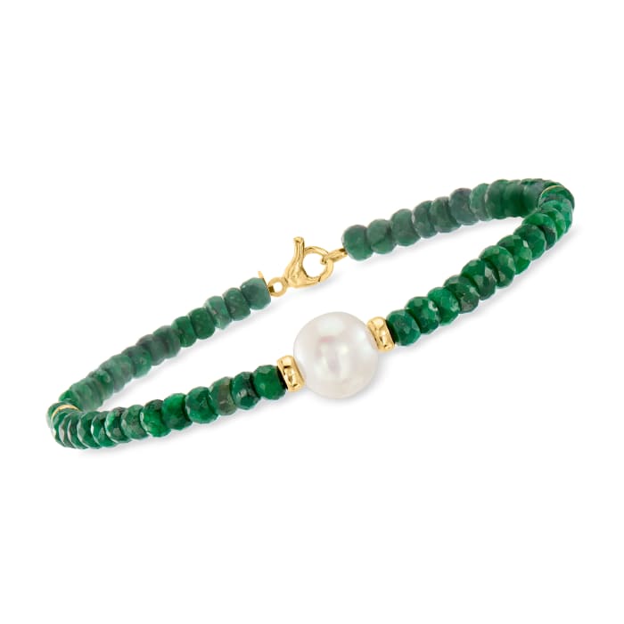 9-10mm Cultured Pearl and 26.00 ct. t.w. Emerald Bead Bracelet in 14kt Yellow Gold