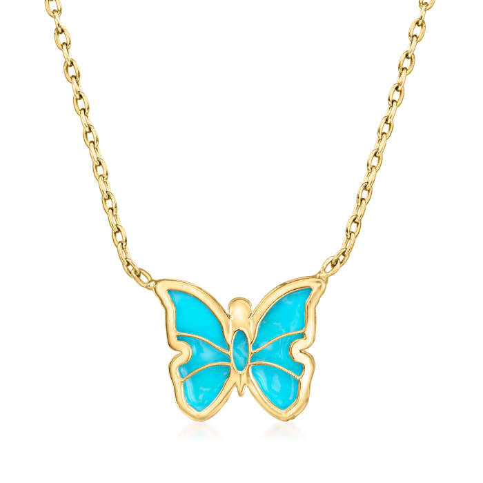Italian Turquoise Enamel Butterfly Necklace in 14kt Yellow Gold