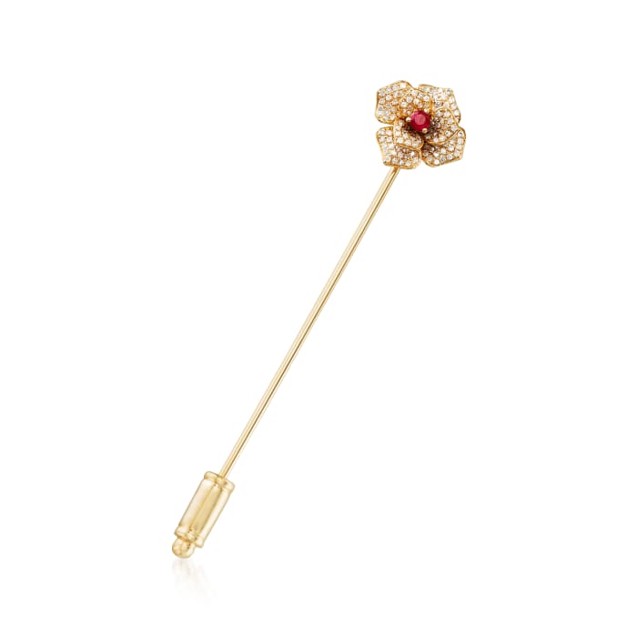 .33 ct. t.w. Diamond Stick Pin with Ruby Accent in 14kt Yellow Gold