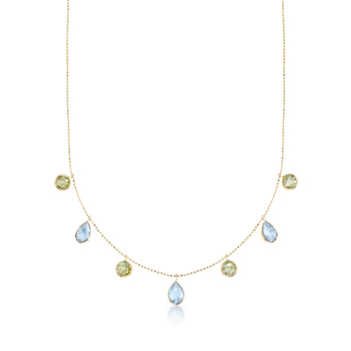 6.00 ct. t.w. Blue Topaz and 3.60 ct. t.w. Peridot Station Necklace in 14kt Yellow Gold