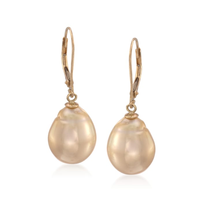11-12mm Golden Cultured South Sea Pearl Drop Earrings in 14kt Yellow Gold