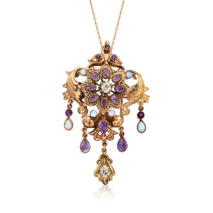 C. 1950 Vintage Opal and 3.90 ct. t.w. Multi-Stone Pin Pendant Necklace in 14kt and 18kt Gold