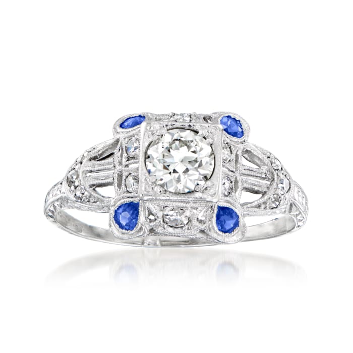 C. 1950 Vintage .65 ct. t.w. Diamond and .20 ct. t.w. Synthetic Sapphire Ring in Platinum
