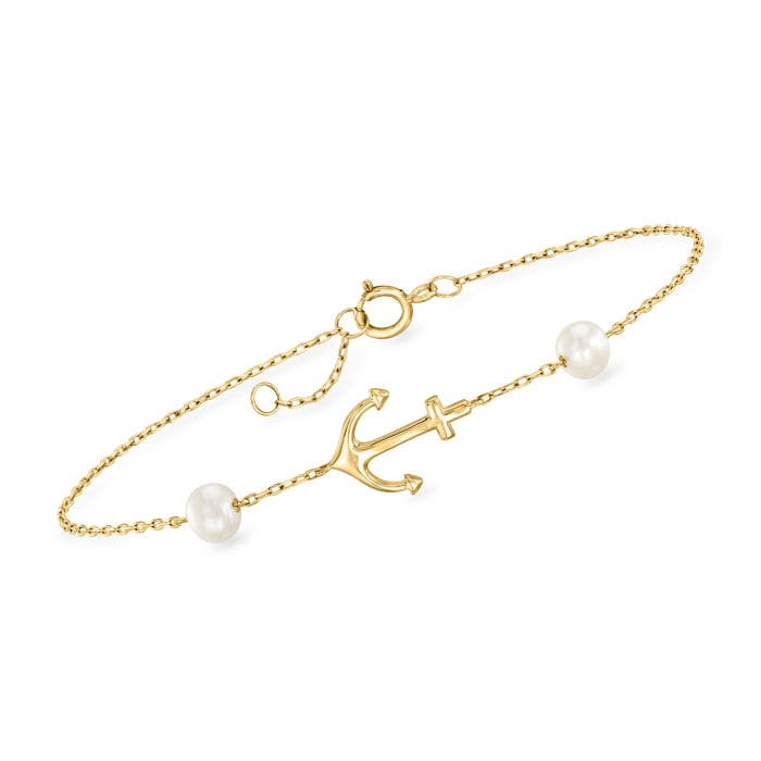 4-4.5mm Cultured Pearl Anchor Station Bracelet in 14kt Yellow Gold