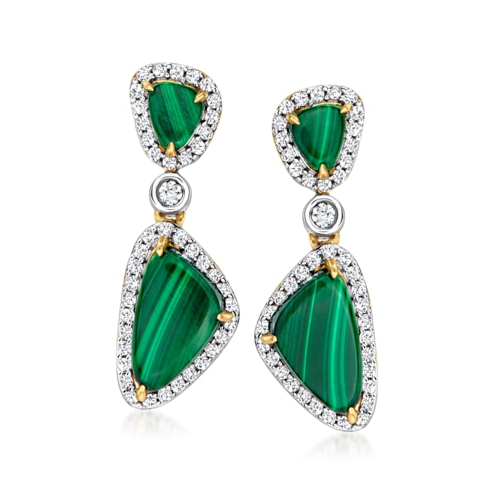 Malachite and .50 ct. t.w. White Zircon Drop Earrings in 18kt Gold Over Sterling