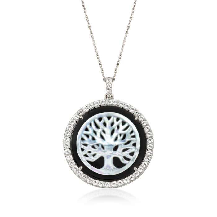 Mother-Of-Pearl and Black Onyx Tree of Life Necklace with 2.69 ct. t.w. White Topaz in Sterling