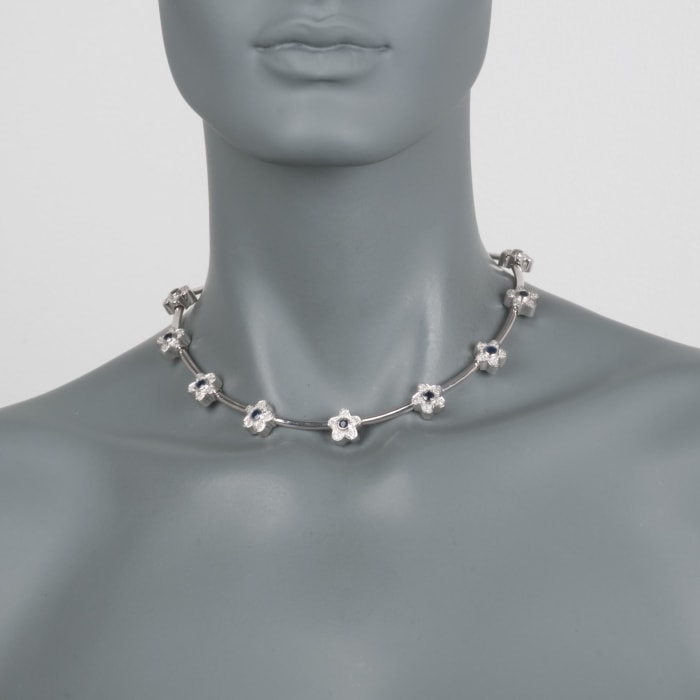 C. 1990 Vintage 2.00 ct. t.w. Sapphire and 2.00 ct. t.w. Diamond Floral Necklace in 18kt White Gold 15.5-inch
