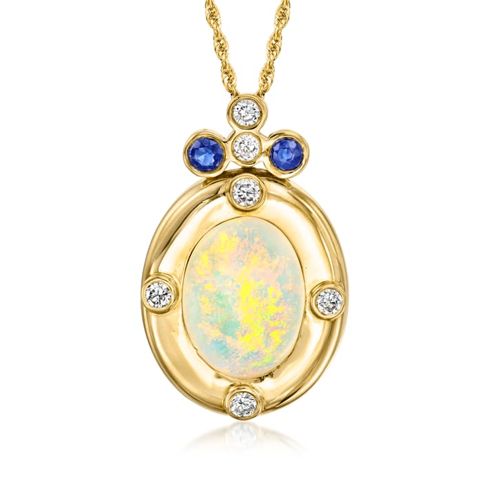 C. 1980 Vintage Opal and .60 ct. t.w. Diamond Pendant Necklace with .50 ct. t.w. Sapphires in 14kt Yellow Gold