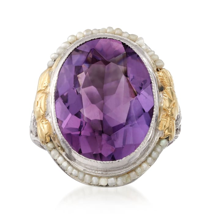 C. 1950 Vintage 7.20 Carat Amethyst and Cultured Seed Pearl Ring in 14kt Two-Tone Gold