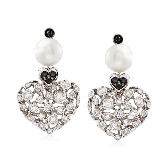 C. 2000 Vintage 9.5mm Cultured Pearl and 2.50 ct. t.w. Black and White Diamond Heart Drop Earrings in 18kt White Gold