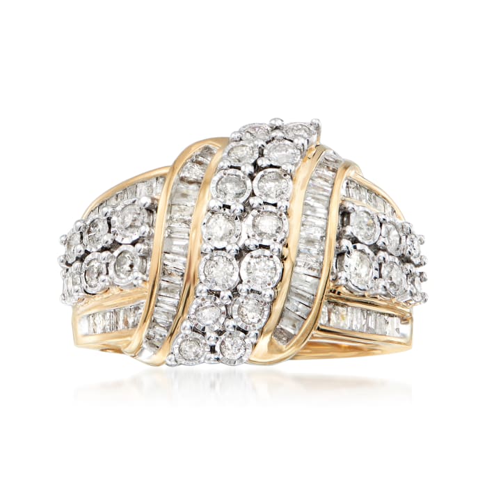 1.00 ct. t.w. Round and Baguette Diamond Ribbon Ring in 18kt Gold Over Sterling Silver