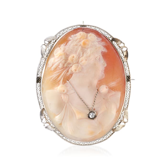 C. 1950 Vintage Shell Cameo and .10 Carat Diamond Pin/Pendant in 14kt White Gold
