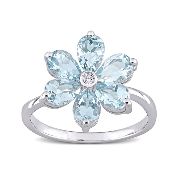 2.40 ct. t.w. Aquamarine and Diamond-Accented Flower Ring in 14kt White ...