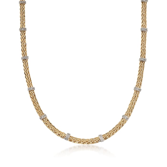 14kt Yellow Gold Wheat Chain Station Necklace with .10 ct. t.w. Diamonds