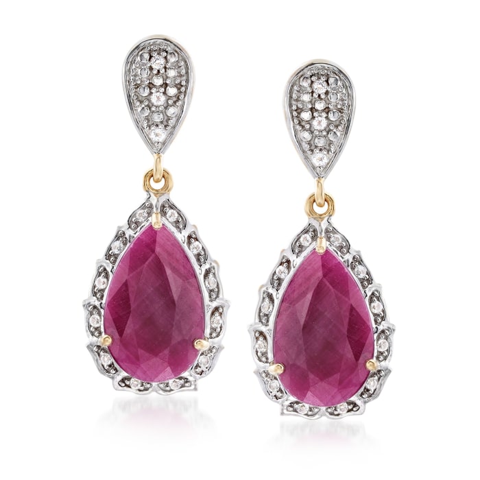 12.00 ct. t.w. Ruby and .29 ct. t.w. White Topaz Drop Earrings in 18kt Gold Over Sterling