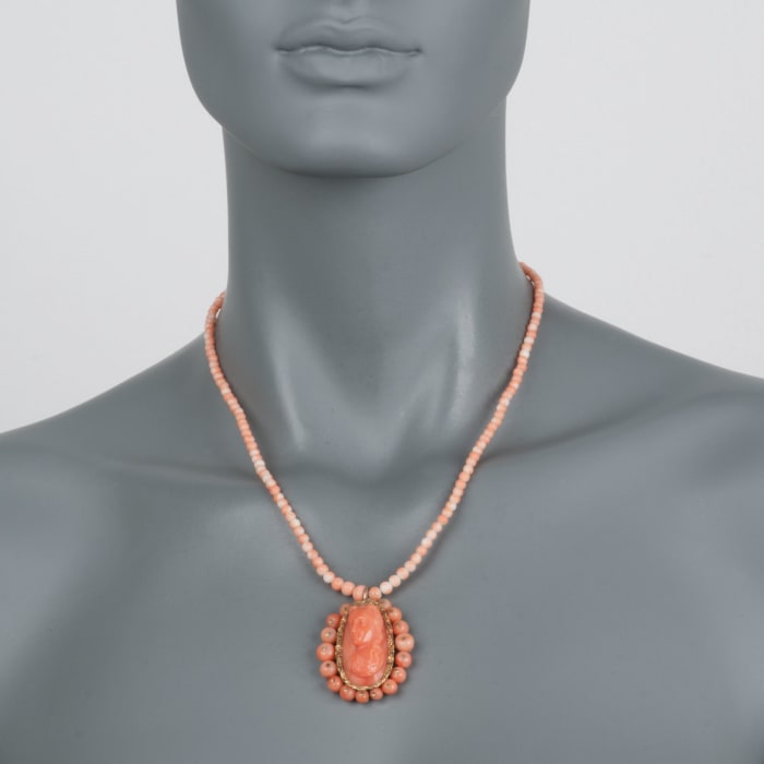 C. 1900 Vintage Pink Coral Bead and Cameo Necklace in 14kt and 18kt Yellow Gold 18.5-inch