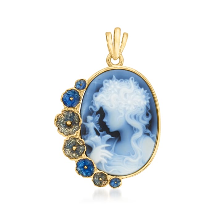 Italian Blue Agate Cameo Pendant with Enamel Flowers in 18kt Gold Over Sterling