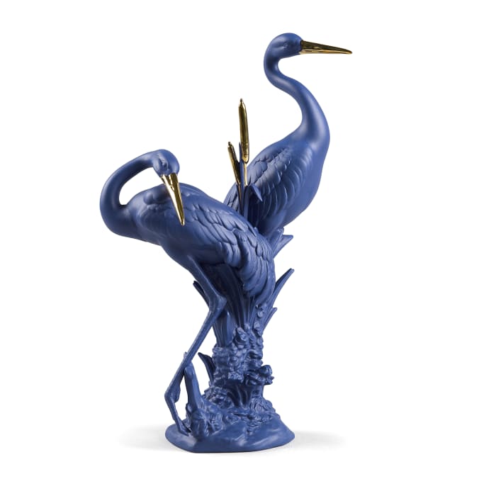 Lladro Courting Cranes Blue and Gold Porcelain Bird Figurine