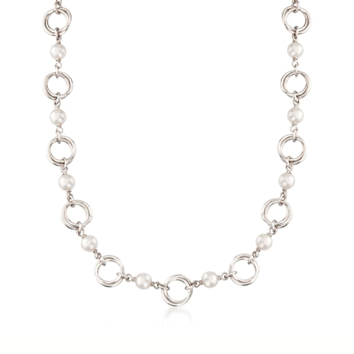Italian 6mm Cultured Pearl Link Necklace in Sterling Silver