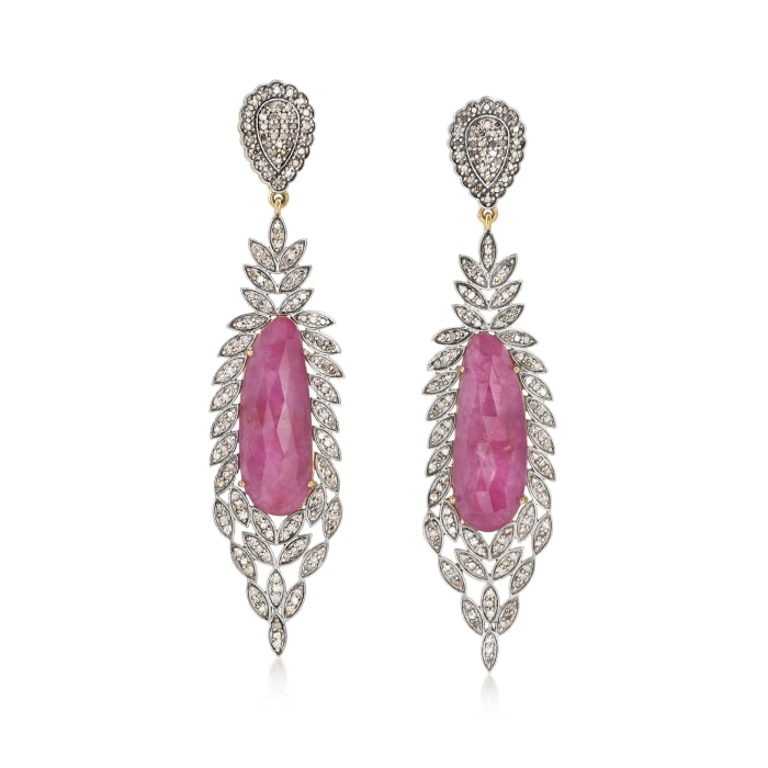 25.00 ct. t.w. Pink Sapphire and 2.40 ct. t.w. Champagne Diamond Drop Earrings in 18kt Gold Over Sterling Silver