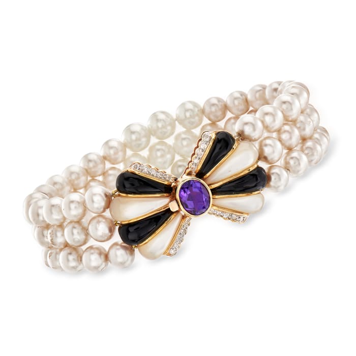 C. 1980 Vintage Cultured Pearl, Mother-of-Pearl and 2.00 Carat Amethyst Three-Strand Bracelet with Black Onyx and .20 ct. t.w. Diamonds in 14kt Yellow Gold