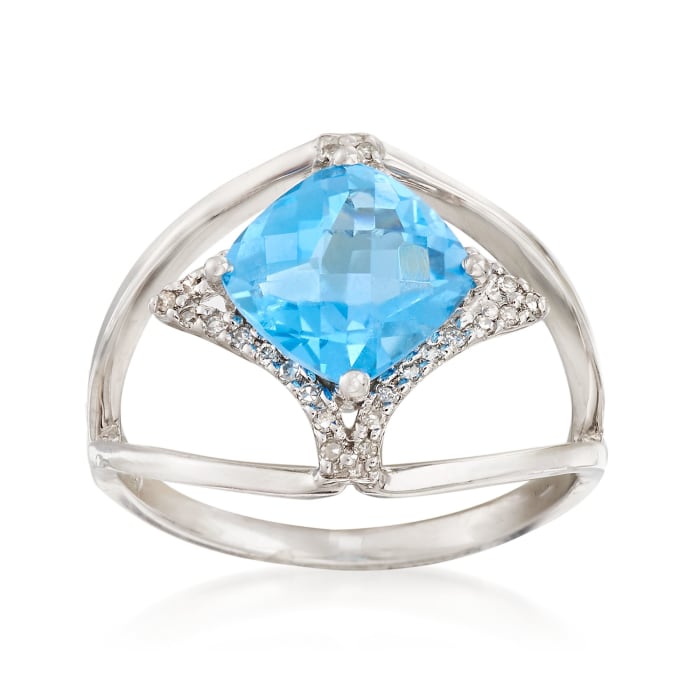 2.40 Carat Blue Topaz and .10 ct. t.w. Diamond Open-Shank Ring in 14kt White Gold