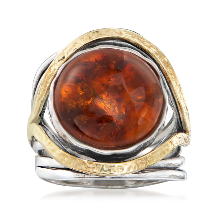 Amber Cabochon Ring in Sterling Silver with 14kt Yellow Gold | Ross-Simons