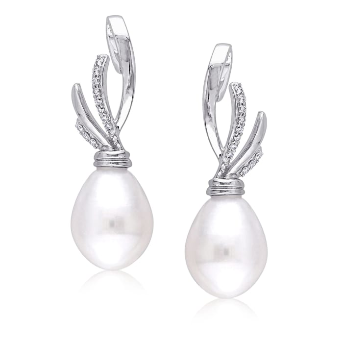 11-11.5mm Cultured South Sea Pearl and .16 ct. t.w. Diamond Ribbon Drop Earrings in 14kt White Gold