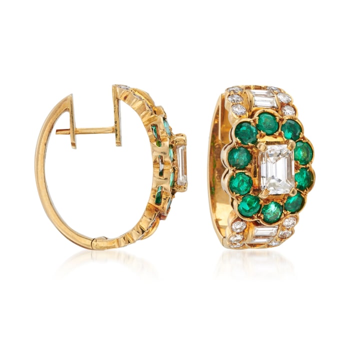 C. 1990 Vintage 1.75 ct. t.w. Diamond and 1.00 ct. t.w. Emerald Hoop Earrings in 18kt Yellow Gold