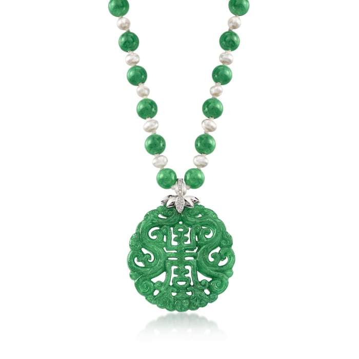 Green Jade Bead and Pendant Necklace with Cultured Pearls and .20 ct. t.w. White Topaz in Sterling Silver