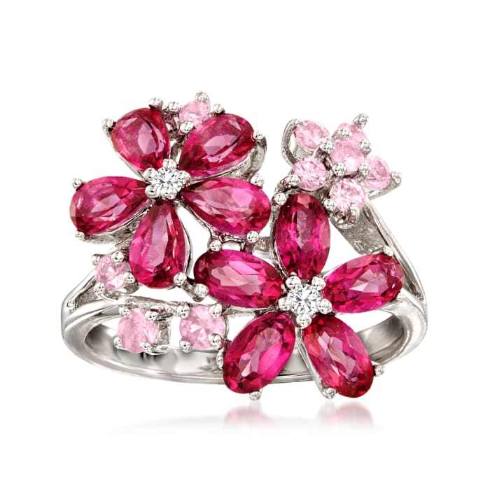 3.23 ct. t.w. Multi-Gemstone Flower Ring with Diamond Accents in Sterling Silver