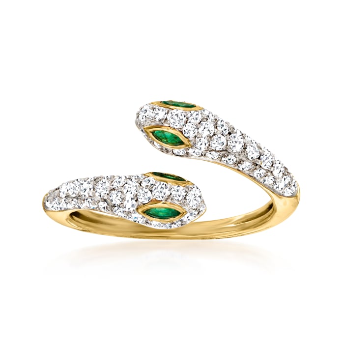 .75 ct. t.w. Diamond and .10 ct. t.w. Emerald Double Snake Head Bypass Ring in 18kt Gold Over Sterling | Ross-Simons