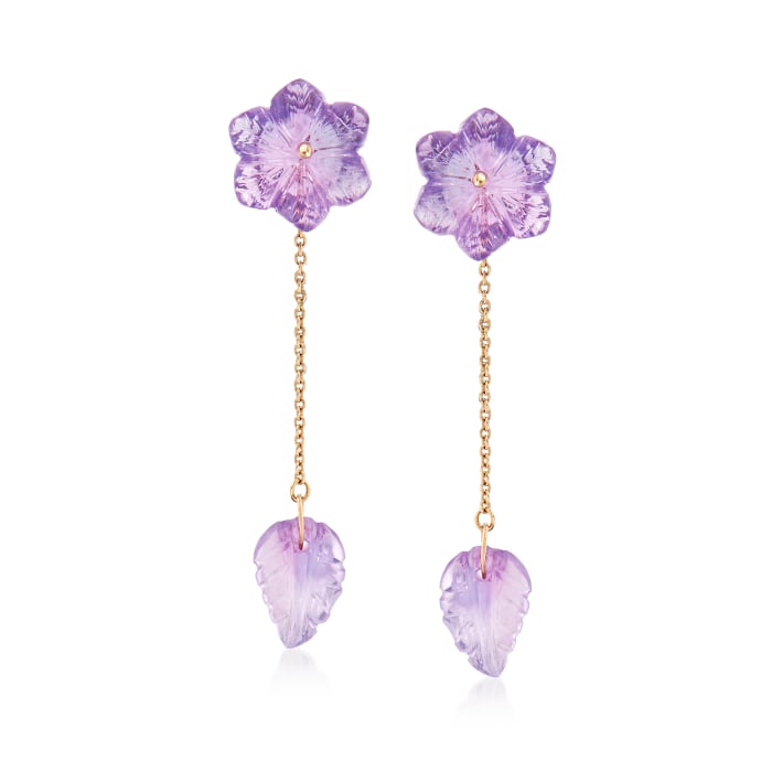8.40 ct. t.w. Amethyst Flower and Leaf Drop Earrings in 14kt Yellow Gold