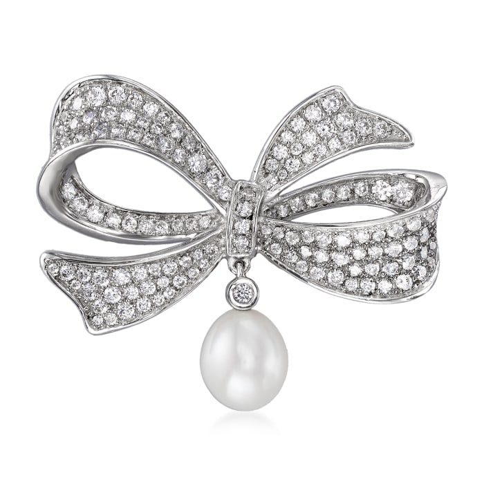 9mm Cultured Pearl and 1.95 ct. t.w. CZ Bow Pin in Sterling Silver