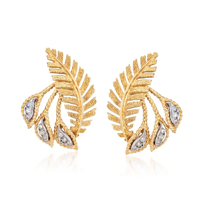 C. 1970 Vintage .20 ct. t.w. Diamond Leaf Clip-On Earrings in 18kt Yellow Gold 