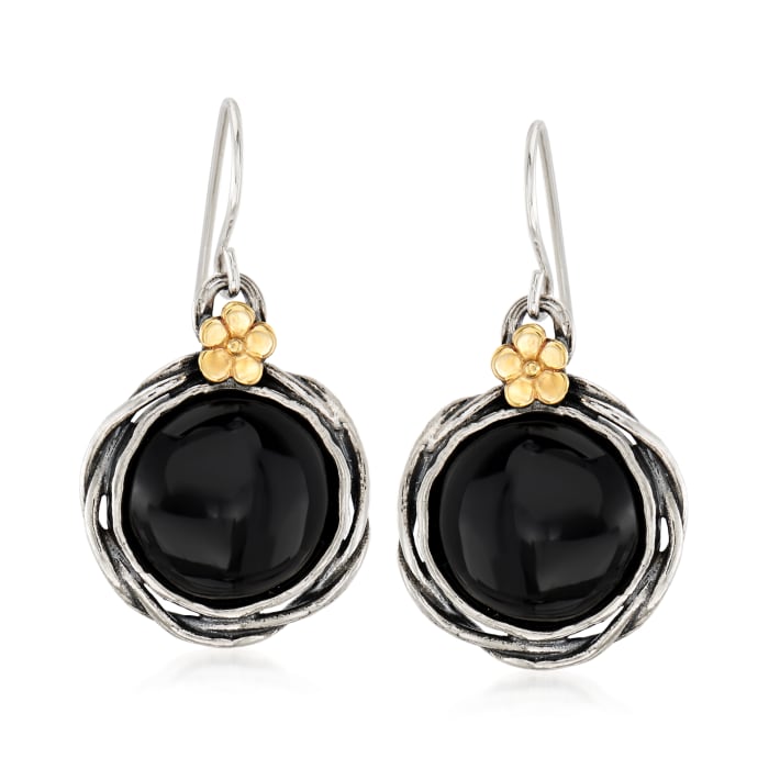 Black Onyx Floral Drop Earrings in Sterling Silver with 14kt Yellow Gold