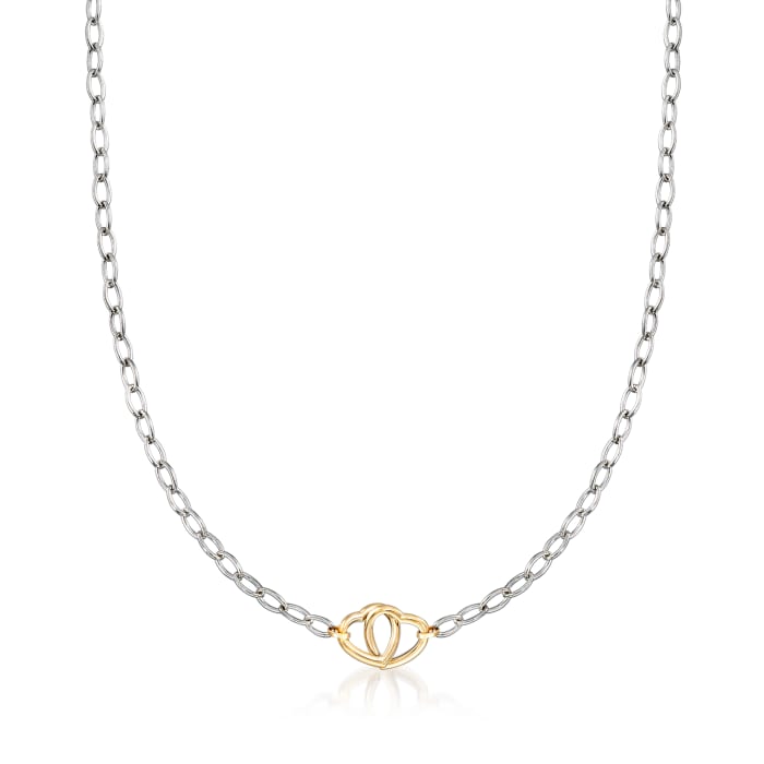 Italian Sterling Silver and 14kt Yellow Gold Interlocking Heart Necklace