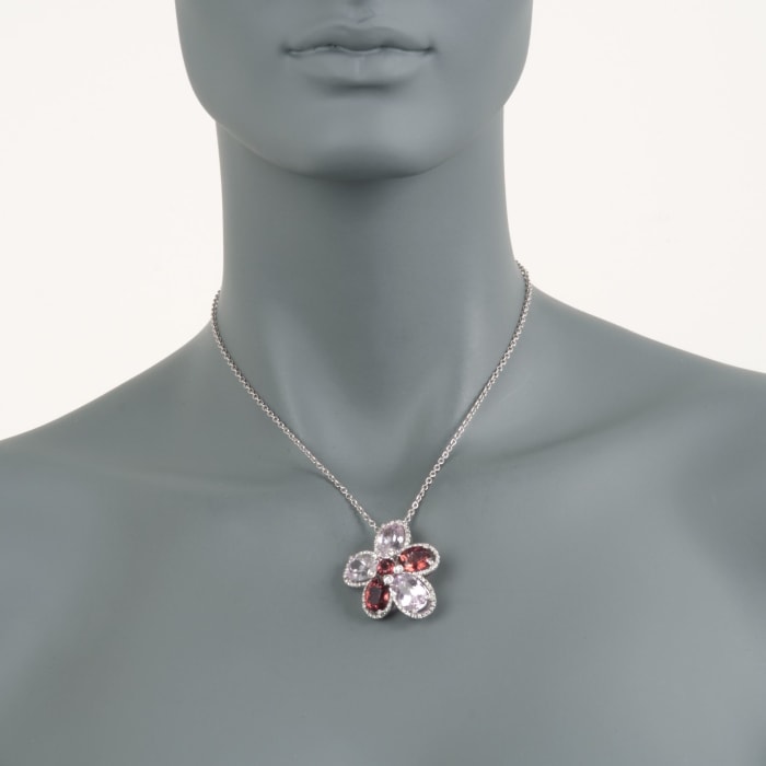 29.10 ct. t.w. Kunzite and Pink Tourmaline Floral Pin Pendant Necklace with Diamonds in 18kt White Gold 16-inch